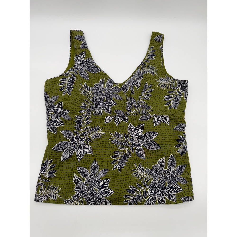 Talbots Women's Medium Olive Green Floral Batik V-Neck Stretch Cotton Tank Top